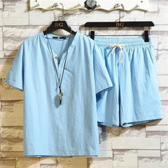 HEARUJOY - Cotton Linen T-shirts Shorts Suits for Men V-neck Plain Sports Novelty in New Tops & Tees Aesthetic Kpop Regular Fit Man Sets