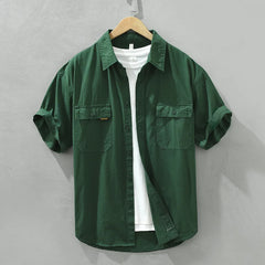 HEARUJOY - Japanese Retro Men Short Sleeve Cargo Shirt Double Pockets Cotton Uniform Light Casual Work Safari Style Shirts Mens Tops Shirt