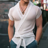 HEARUJOY - Men Shirt Lace Patchwork V Neck Summer Short Sleeve Streetwear Men Clothing With Belt Lace Up Fashion Male Shirts S-5XL
