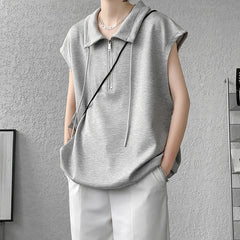 Hearujoy Men Turn-down Collar Tanks Drawstring Vest Summer Simple Loose Breathable Teenager Fashion Sleeveless Casual Tops Plus Size 2XL