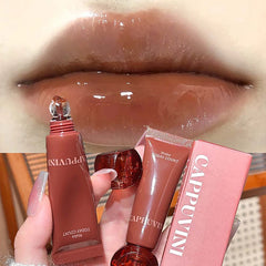 YICKYUE - Chocolate Brown Plumping Lip Gloss Watery Crystal Jelly Lip Gloss Moisturizing Glass Lip Tint Soft Tube Makeup Applicator Beauty