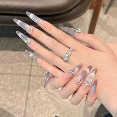 YICKYUE - Handmade Press on Nails Glitter Rhinestone Purple Cat Eye Fake Nails Full Cover Wearable European Long Oval Head False Nails