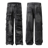 Hearujoy Vintage Washed Mens Denim Trousers High Street Distressed Baggy Jeans Unisex Straight Loose Casual Cargo Pants Oversized