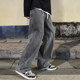 Hearujoy Korean Fashion Men's Baggy Jeans Elastic Waist Classic olid Color Straight-leg Denim Wide-leg Pants Male Light Blue Grey Black