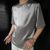 HEARUJOY - Summer New Men's Solid Color Shiny Short-Sleeved T-Shirt American Retro Fashion Trend Leisure Loose Breathable Niche Men's Tops