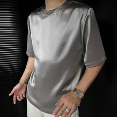 HEARUJOY - Summer New Men's Solid Color Shiny Short-Sleeved T-Shirt American Retro Fashion Trend Leisure Loose Breathable Niche Men's Tops