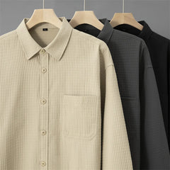 HEARUJOY - Mens Casual Waffle Shirts Long Sleeve Button Down Autumn Sold Color Loose Fit Shirts Jacket