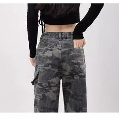 HEARUJOY - Women Jeans Denim Cargo Pant Long Pants Camouflage Straight Trousers Loose Casual Splice Button Pocket High Waist Autumn New