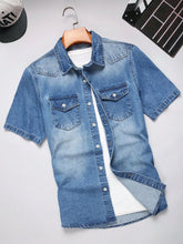 HEARUJOY - Men's Blue Denim Short-Sleeve Shirt for Spring/Summer, Casual, Wrinkle-Resistant, and Stain-Resistant