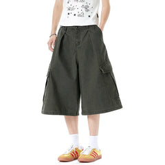 HEARUJOY - Vintage Men's Shorts Fashion Trend Fold Washed Distressed Adjustable Multi-pocket Male Jorts Over Knee Length 9W3516