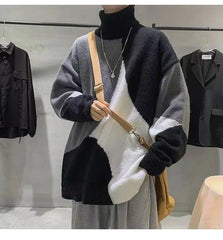 Hearujoy Autumn Winter Men's Cool Boy Casual Loose Tess Knitted Patchwork Plaid Pullover Sweater Soft Warm Retro