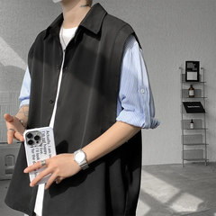 HEARUJOY - Summer Short Sleeved Shirt Men Oversized Society Mens Black Dress Shirts Korean Loose Casual White Shirt Mens Striped Shirt