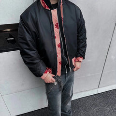Hearujoy Streetwear Cleanfit Jacquard Patchwork Baseball Jacket Men's Stand Collar Windbreaker Casual Black Nylon Jacket Oversized
