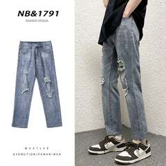 Hearujoy Spring/Summer Loose Jeans Men's Straight Vintage Broken Jeans Street Boys Hip-hop Slim Fit Cropped Pants Light Blue