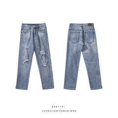 Hearujoy Spring/Summer Loose Jeans Men's Straight Vintage Broken Jeans Street Boys Hip-hop Slim Fit Cropped Pants Light Blue