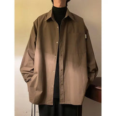 HEARUJOY - Long-sleeved Shirt Men Solid Color Japanese Retro Spring Loose Brown Trendy Versatile Cardigan