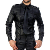 Hearujoy Fashion Black Faux Leather Men Oversize Fitness Shirts Long Sleeves Pocket PU Metal Fastener Tops Tees Sexy Slim Fit Sexy Shirt