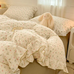 YICKYUE - Princess Style Bedding Sets Ruffle Lace Bow Quilt Cover Romantic Bedclothes Decor Woman Girls Bedroom Duvet Cover 4pcs