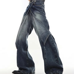 Hearujoy Men Casual Jeans Summer Heavy-Duty Old Washed Jeans Deconstructed Cut-Out Design Gradient Color Flared Pants Wide-Leg Pants