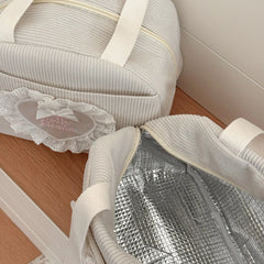 YICKYUE - Large Capacity Corduroy Lunch Bag Lace Heart Design Portable Food Pouch Lunch Organizer for Students Office Commute Use