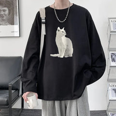HEARUJOY - Men's Plain T-shirts Cotton Full Sleeves Fashion White Mens Oversized T Shirt Casual Wear Cat Walking Print Tee Shirts for Men