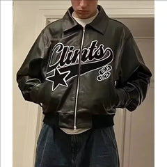 Hearujoy Retro Y2k Gothic Jackets for Men Hip Hop Rock Line Letter Pattern Pu Leather Jacket Black Thickened Loose Zipper Jacket Coats