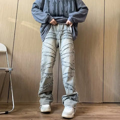 HEARUJOY - Y2K Streetwear Washed Blue Baggy Stacked Jeans Pants For Men Clothing Straight Old Hip Hop Denim Trousers Pantalones Hombre