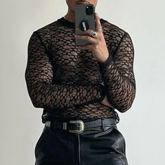 Hearujoy Mens autumn sexy see-through hollow long-sleeved lace T-shirt genderless fashion slim black breathable printed top for men