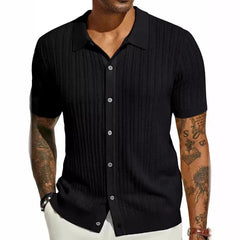 HEARUJOY - Men's Casual Top Summer Cool Knit Shirt Short Sleeve Lapel Solid Color Hollow Breathable Top