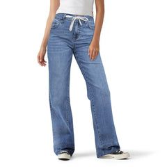 HEARUJOY - European American Women's Clothing New Lace-up Stretch Jeans, Loose Casual Straight-leg Temperament Wide-leg Jeans