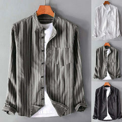 HEARUJOY - Elegant Regular Fit Formal Dress Men'S Shirt Male Casual Striped Pocket Shirt Stand Long Sleeve Button Shirt Camisa Masculina