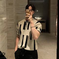 HEARUJOY - Summer Men's Clothing Luxury O Neck Knitted T Shirt Retro Geometric Short-sleeved Korean Popular Knitwear Leisure Basic Shirt