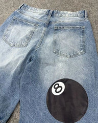 Hearujoy Harajuku Fashion No. 8 Table Tennis print loose denim shorts Y2K Jeans Men and women couples Gothic casual light blue shorts