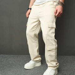 HEARUJOY - Spring Autumn Men American High Street Multi Pocket Cargo Pants Loose Straight Jeans Washed Workwear Wide Leg Denim Trousers