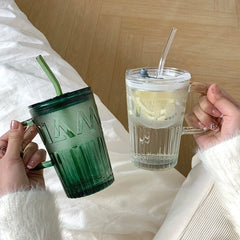 YICKYUE - 400ml Retro Glass Tumbler With Lid And Straw Glass Coffee Cup Thick Glass Mug Milk Juice Cup Transparent/Green Juice Mocha Cups
