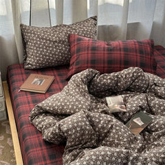 YICKYUE - 3/4pc Vintage Little Floral Bedding Set Soft Washed Cotton Duvet Cover Set Grid Bed Sheet+Pillowcases for Single Full Queen Home