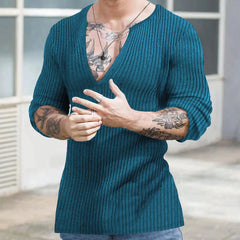 HEARUJOY - Spring Autumn Men Knit Cotton T Shirt Long Sleeve V-neck Loose Casual Pullover Fashion Solid Thin Knited Tops Streetwear Male