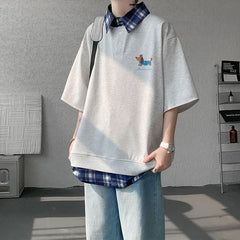 HEARUJOY - Dog Embroidery Plaid Polo Short Sleeve T-Shirt 2025 Summer Retro Couple T-shirts Splicing Fake Two Pieces Simple Tops