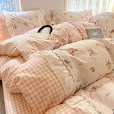 YICKYUE - French Pastoral Princess Style Duvet Cover Set New Ruffles Lace Flowers Bow Bed Sheets Set For Girls Luxury Bedding Set