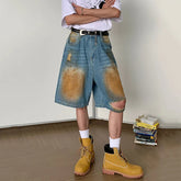 Hearujoy Niche Style Men's Denim Shorts Hole Worn-out Contrast Color Bottom Straight Wide Leg Male Trousers Streetwear Chic 9C6803