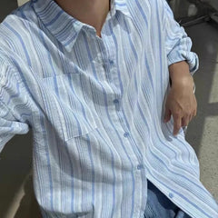 HEARUJOY - New Japanese Vintage Men Striped Shirts Luxury Casual Trendy Long Sleeve Cardigan Tops Fashion Leisure Macaron Sunscreen Blouse
