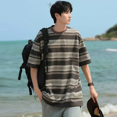 HEARUJOY - Striped Top Man Tee Shirts Loose T Shirt for Men Kpop Original Luxury High Quality Cheap Clothes Casual New in Harajuku Funny