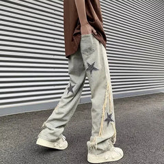 Hearujoy Men Jeans Spring and Autumn New Star Embroidery Splicing Jeans Fashion Street Casual Wear Loose Hundred Straight Pants Y2k Jeans
