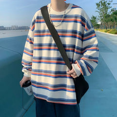 HEARUJOY - Handsome Trendy Rainbow Striped Long Sleeve T shirt Spring Autumn Casual Top New Men Hong Kong Style Ins Fashion