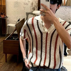HEARUJOY - Men's Summer Fashion Striped Color Block Openwork Knit Polo Shirt Casual Short Sleeve Thick Needle Top