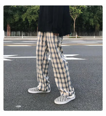 HEARUJOY - High Waist Straight Leg Sport Pants ex Casual Loose Fit Long Trousers Spring Autumn Plaid Wide Leg Pants Casual Wear