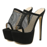 Hearujoy Peep Toe Platform Heels Women Black Mesh Slippers Summer Sandals Fashion Slip on Slides Women Mule Party Stripper Platform Shoes