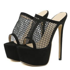 Hearujoy Peep Toe Platform Heels Women Black Mesh Slippers Summer Sandals Fashion Slip on Slides Women Mule Party Stripper Platform Shoes