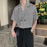 Hearujoy New Plaid Houndstooth Print Shirt for Men Double-breasted Half Sleeved Cuban Collar Trend Loose Drape Casual Shirts Men