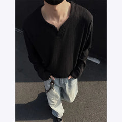 HEARUJOY - Spring Long Sleeved T-shirt Men Oversized Casual V-neck T Shirt Men Streetwear Korean Loose Pleated T Shirt Mens Top M-3XL